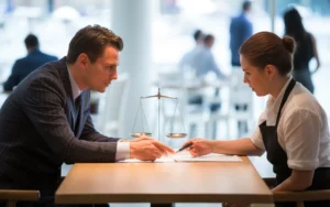 Scène de conseil juridique pour restaurant en 2025, avocate et restaurateur examinant des contrats sur une table dans un restaurant moderne lumineux.