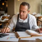 Vignette photo-réaliste d’un restaurateur français en chemise blanche et tablier sombre, assis à une table de son restaurant moderne, analysant calmement des documents financiers, factures et graphiques de croissance sur ordinateur portable dans une ambiance chaleureuse, illustrant l’optimisation fiscale des restaurateurs.