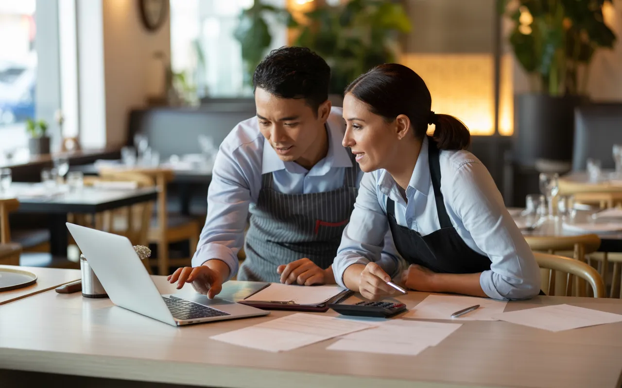 Accompagnement comptable dans un restaurant moderne : un comptable et un restaurateur collaborent côte à côte devant un ordinateur portable affichant des graphiques flous, avec classeur, calculatrice et documents sur une table en bois clair, dans une ambiance chaleureuse et professionnelle.
