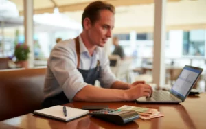 Gérant de restaurant concentré sur la gestion trésorerie, assis à une table en bois clair avec ordinateur portable, calculatrice, tickets de caisse, billets, pièces et terminal de paiement, dans un petit restaurant moderne et chaleureux à la lumière naturelle, format horizontal 16:9.