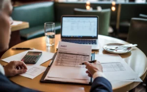 Photo d’un audit comptable dans un restaurant moderne : table en bois avec dossier d’audit, factures, ordinateur portable, calculatrice, mains du comptable, assiette vide et verre d’eau.