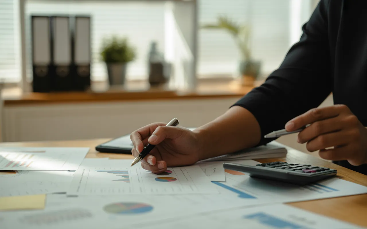 Mains d’un entrepreneur travaillant sur la comptabilité PME dans un bureau moderne, avec carnet de comptes, calculatrice et ordinateur portable affichant des graphiques financiers floutés.
