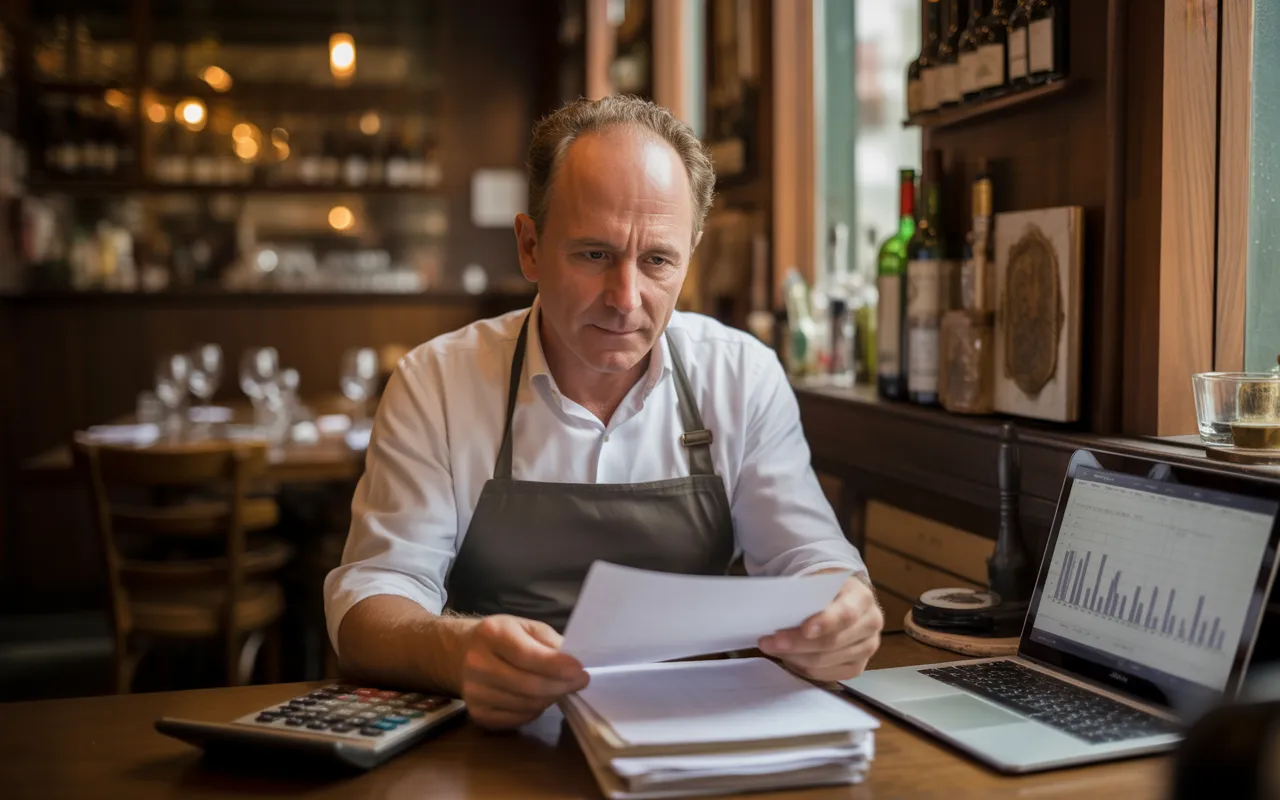 Restaurateur d’âge moyen en chemise blanche et tablier sombre, assis dans l’arrière-salle chaleureuse de son restaurant, concentré sur des factures, documents et ordinateur portable liés à sa déclaration fiscale, ambiance photo-réaliste en lumière chaude de fin d’après-midi.