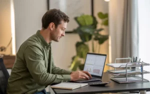 Entrepreneur gérant la comptabilité TPE à son bureau moderne, saisissant des données sur ordinateur portable entouré de factures, calculatrice et carnets.
