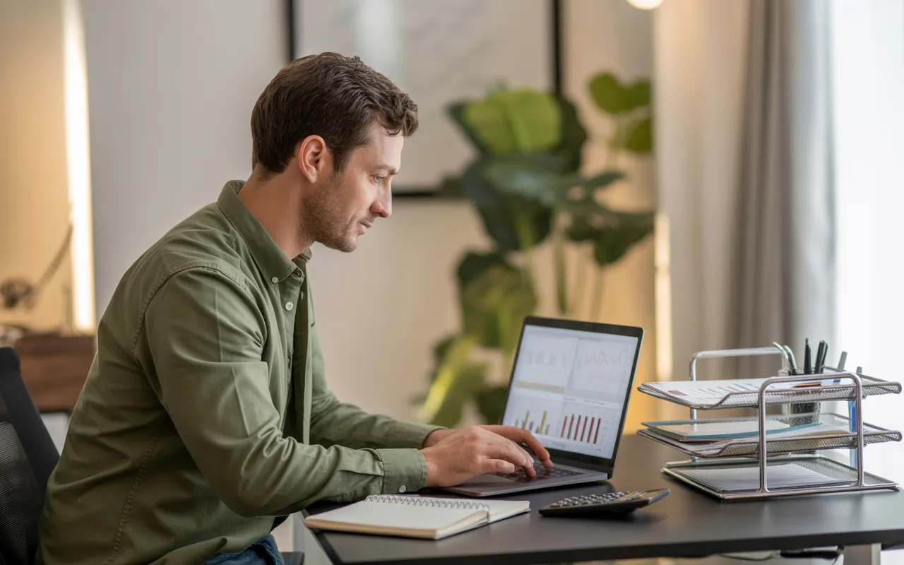 Entrepreneur gérant la comptabilité TPE à son bureau moderne, saisissant des données sur ordinateur portable entouré de factures, calculatrice et carnets.