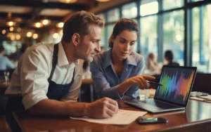 Accompagnement comptable pour restaurateur : un chef de restaurant et une comptable analysent des graphiques financiers sur un ordinateur portable dans un restaurant moderne, ambiance chaleureuse et professionnelle.