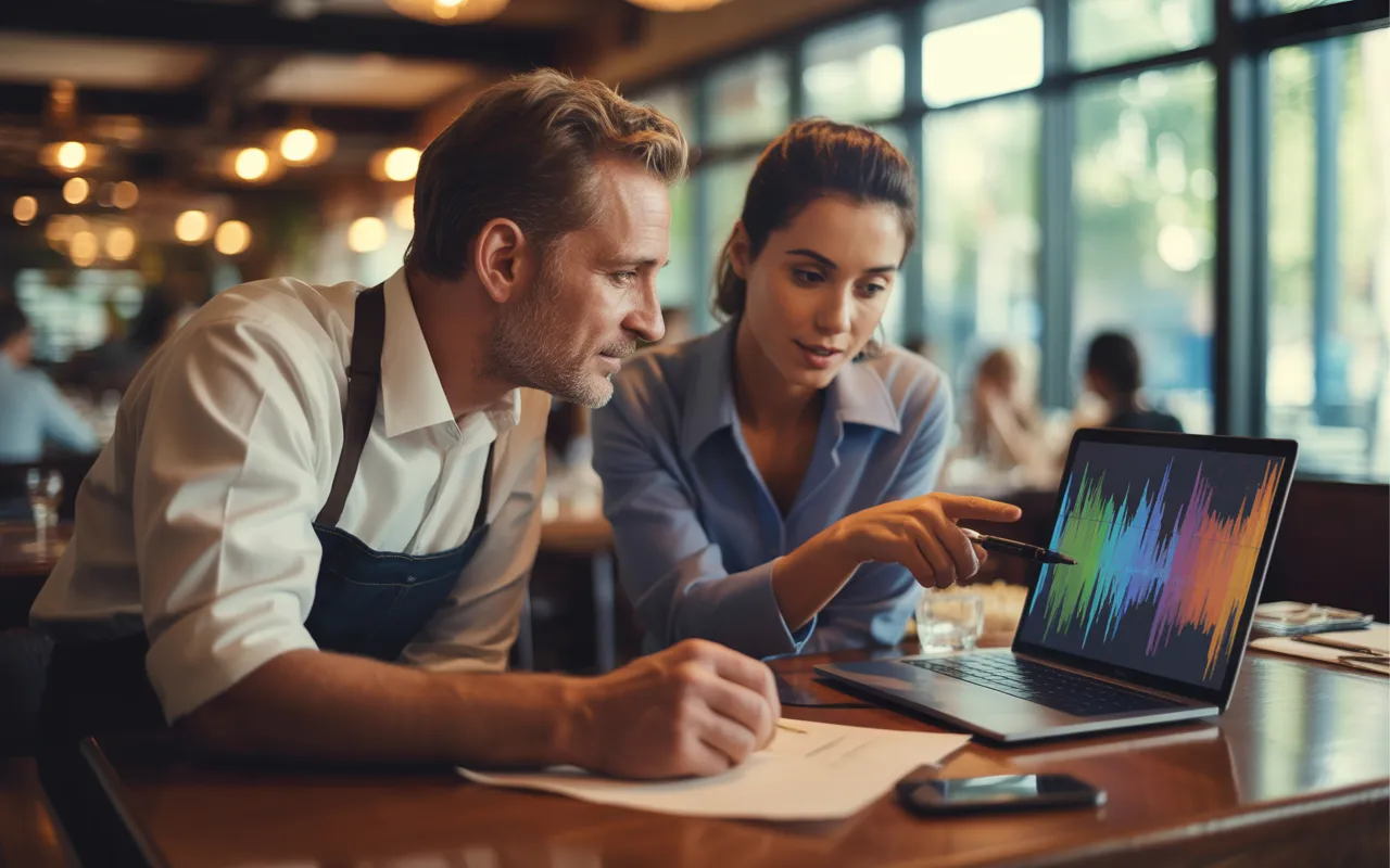 Accompagnement comptable pour restaurateur : un chef de restaurant et une comptable analysent des graphiques financiers sur un ordinateur portable dans un restaurant moderne, ambiance chaleureuse et professionnelle.