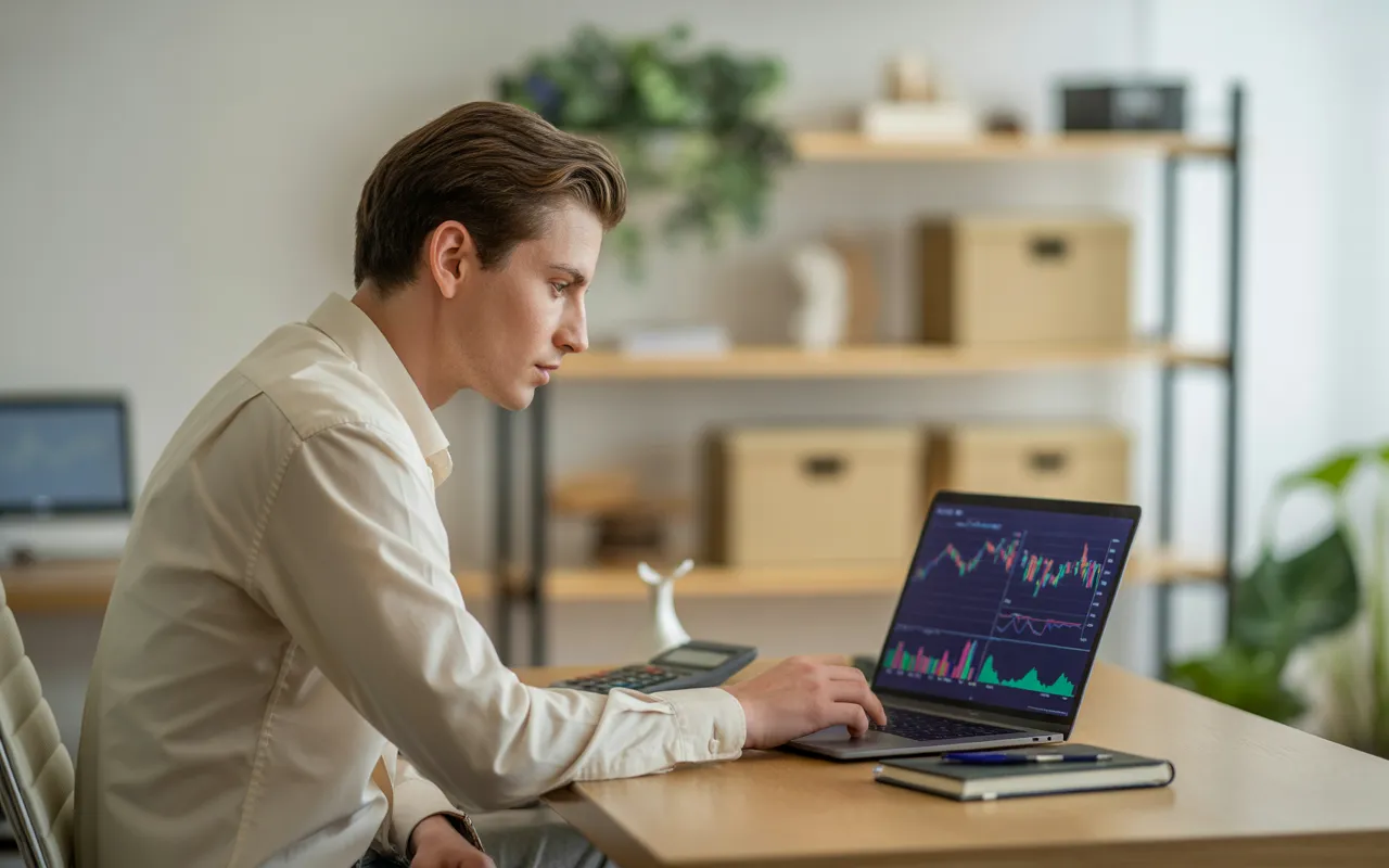 Jeune entrepreneur dans un bureau moderne de PME, travaillant sur un ordinateur portable affichant des graphiques financiers colorés, entouré de documents, calculatrice et écran secondaire, illustrant la comptabilité PME dans un environnement lumineux et professionnel.