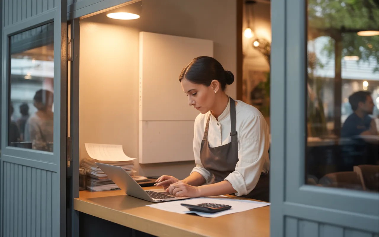 Scène photo-réaliste d’un restaurateur préparant sa déclaration fiscale 2025 sur un ordinateur portable dans le petit bureau d’un restaurant moderne, assis à un bureau en bois clair avec reçus, calculatrice et formulaires au premier plan, salle de restaurant chaleureuse légèrement floutée en arrière-plan.