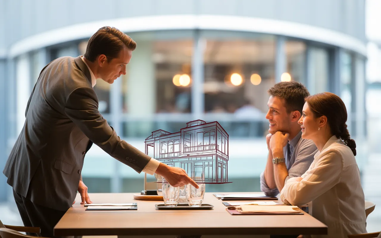 Photo ultra-réaliste montrant une séance de conseil juridique dans un bureau moderne et lumineux, où un avocat d’affaires en costume explique des documents à deux futurs restaurateurs assis autour d’une table en bois clair, avec plans de restaurant, tablette et arrière-plan flou de bibliothèque et de salle de restaurant contemporaine.