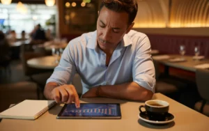 Gérant de restaurant concentré sur une tablette affichant des courbes et graphiques de gestion trésorerie, assis à une table en bois clair avec carnet, stylo et verre d’eau, dans un intérieur de restaurant contemporain flou en arrière-plan, éclairé par une lumière chaude et naturelle.