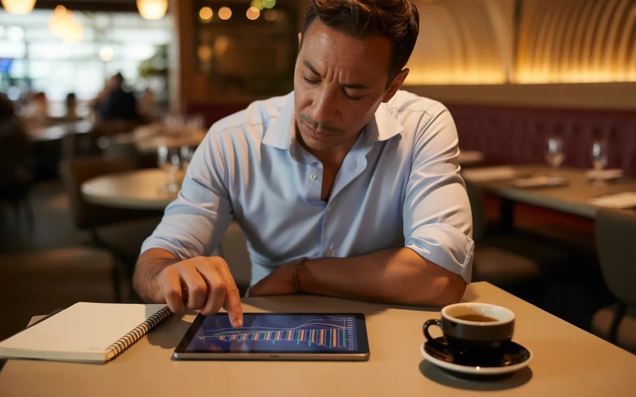 Gérant de restaurant concentré sur une tablette affichant des courbes et graphiques de gestion trésorerie, assis à une table en bois clair avec carnet, stylo et verre d’eau, dans un intérieur de restaurant contemporain flou en arrière-plan, éclairé par une lumière chaude et naturelle.