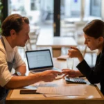 Scène photo‑réaliste dans un restaurant moderne et chaleureux, où un restaurateur et un conseiller fiscal étudient des dossiers d’optimisation fiscale sur un ordinateur portable.