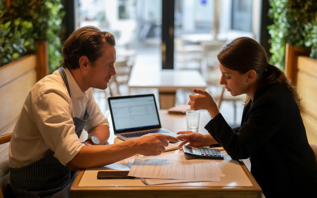 Scène photo‑réaliste dans un restaurant moderne et chaleureux, où un restaurateur et un conseiller fiscal étudient des dossiers d’optimisation fiscale sur un ordinateur portable.