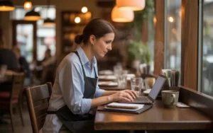 Vignette photo-réaliste montrant un restaurateur indépendant concentré sur son ordinateur portable à une petite table en bois, entouré de reçus, factures et calculatrice pour gérer la comptabilité indépendant de son petit restaurant convivial, intérieur chaleureux et flou en arrière-plan.