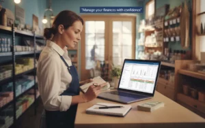 Comptabilité commerçant dans une petite boutique moderne : commerçant debout derrière un comptoir en bois clair, consultant sa trésorerie sur un ordinateur portable affichant un tableau de bord graphique, avec factures, calculatrice, billets et pièces au premier plan, et rayons de magasin flous en arrière-plan sous une lumière naturelle chaleureuse.