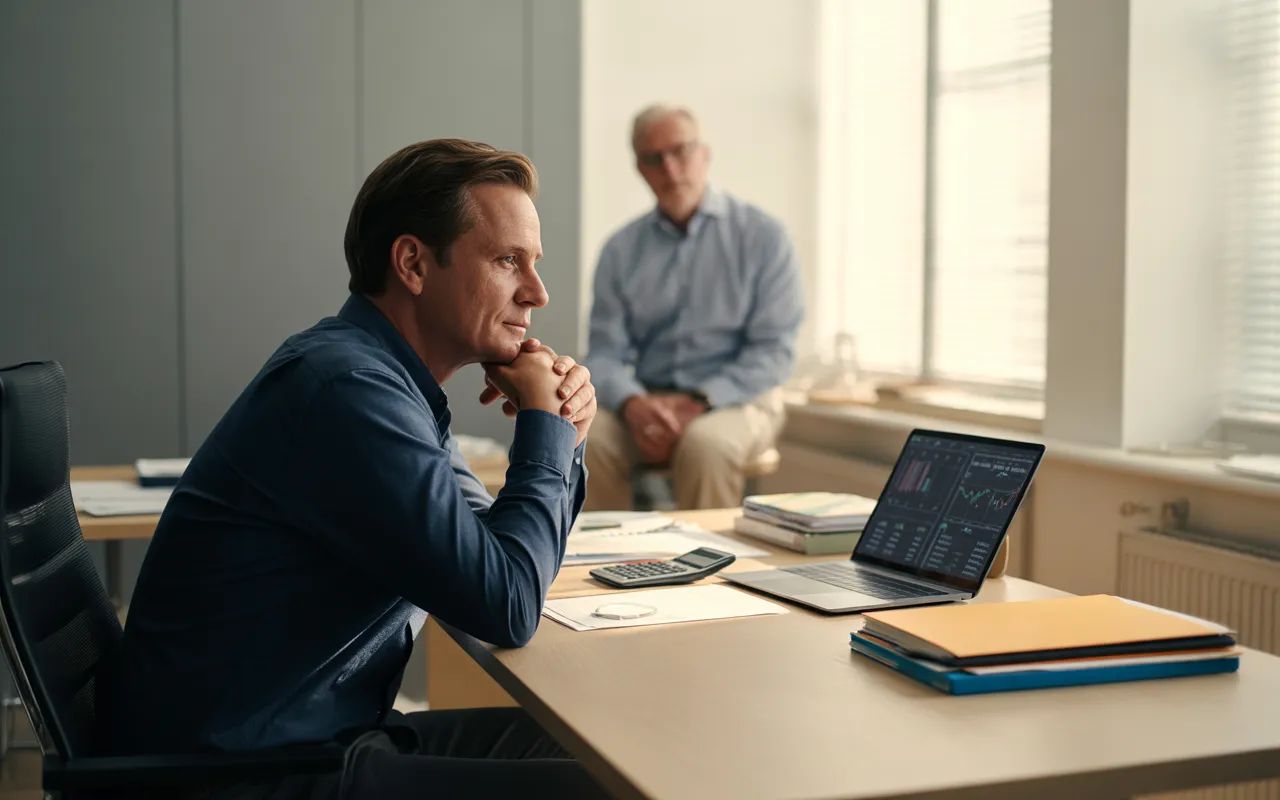 Entrepreneur en bureau moderne discutant avec un expert-comptable devant un ordinateur affichant graphiques financiers et documents chiffrés, illustrant un choix entre logiciel et accompagnement humain en comptabilité TPE.