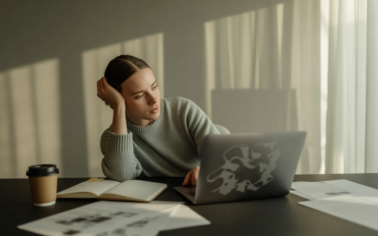 Travailleur freelance stressé devant un bureau désordonné avec ordinateur portable, factures et reçus flous, illustrant les erreurs à éviter en comptabilité indépendant dans un bureau à domicile moderne et lumineux.