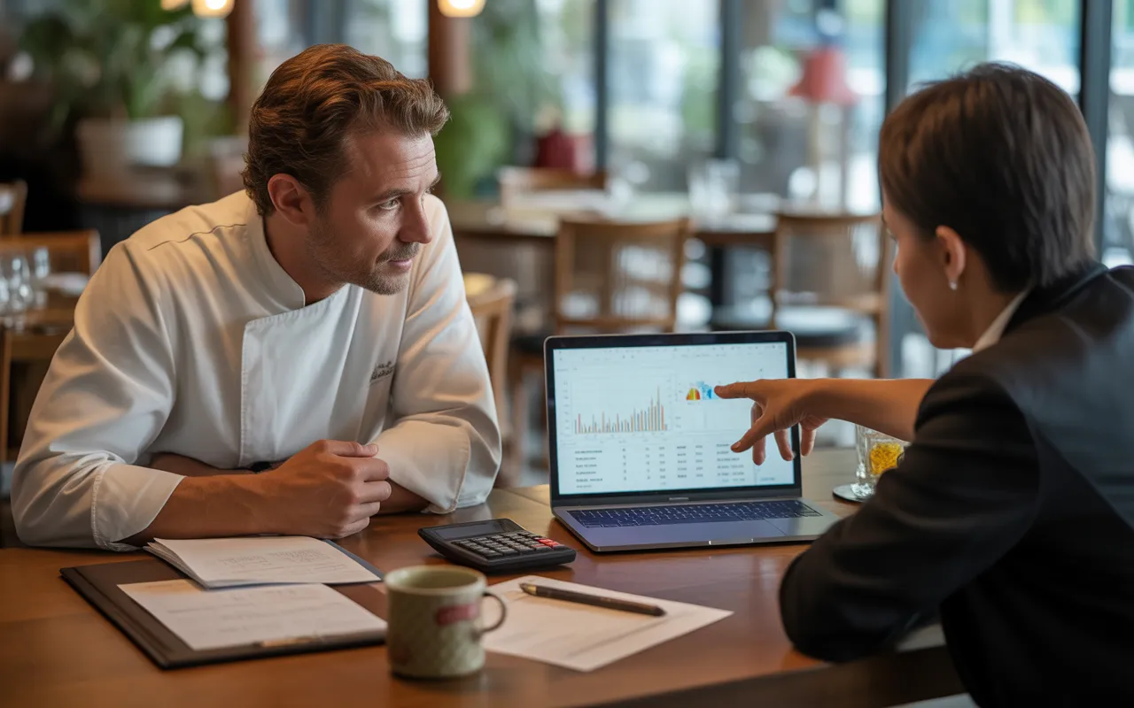 Scène d’audit comptable dans un restaurant moderne et chaleureux : un restaurateur et son conseiller financier analysent ensemble des graphiques colorés sur un ordinateur portable posé sur une table en bois clair, entouré de factures, états financiers, calculatrice et mug de café, dans une ambiance professionnelle et organisée.