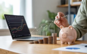 Vignette photo‑réaliste de bureau moderne illustrant la comptabilité pme : mains analysant la trésorerie sur ordinateur portable, pièces empilées en graphique et tirelire sur fond de petite entreprise lumineuse.