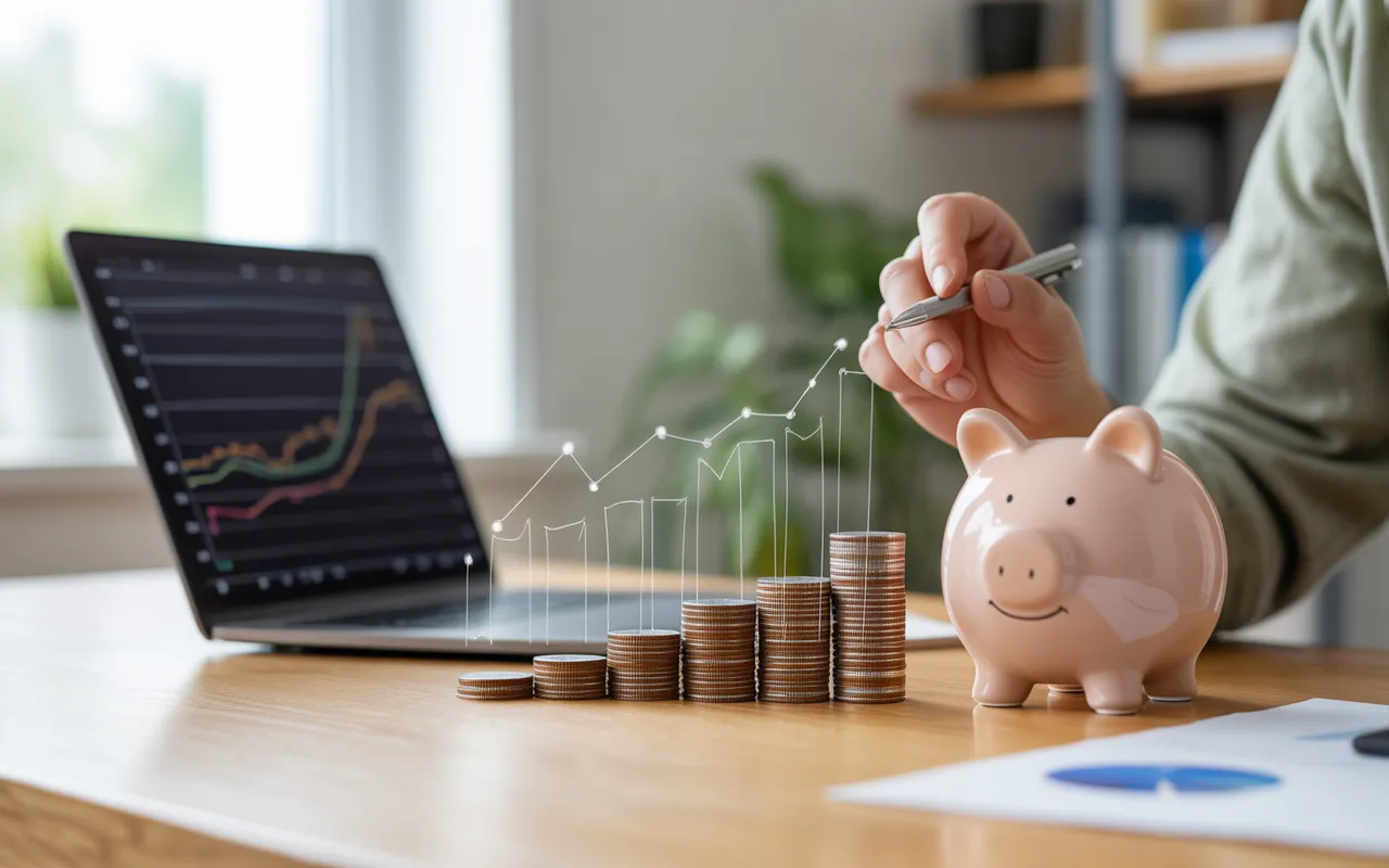 Vignette photo‑réaliste de bureau moderne illustrant la comptabilité pme : mains analysant la trésorerie sur ordinateur portable, pièces empilées en graphique et tirelire sur fond de petite entreprise lumineuse.