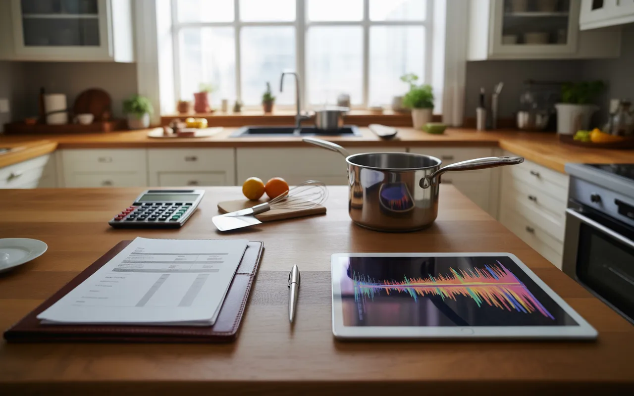 Cuisine moderne vue en plongée avec plan de travail en bois, documents fiscaux floutés, calculatrice, tablette affichant un graphique abstrait et ustensiles de cuisine en inox, illustrant la gestion d’investissements et l’optimisation fiscale en restauration.