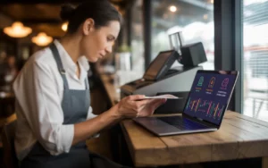 Gérant de restaurant analysant un tableau de bord de gestion trésorerie sur un ordinateur portable posé sur une table en bois, avec reçus, carnet, calculatrice et stylo nets au premier plan, graphiques colorés abstraits sans texte ni chiffres lisibles à l’écran, et intérieur de bistrot chic en arrière-plan flou avec lumière chaude naturelle.