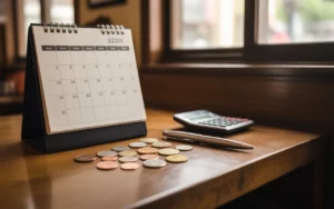 Vignette photo‑réaliste d’un bureau de restaurant avec calendrier vide, pièces de monnaie, stylo et calculatrice sur un plateau en bois clair, illustrant l’organisation de la déclaration fiscale d’un restaurant dans une ambiance professionnelle et chaleureuse.
