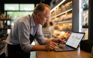 Scène photo-réaliste d’un commerçant analysant sa comptabilité commerçant sur un ordinateur portable, une tablette et un smartphone derrière le comptoir d’une petite boutique moderne.