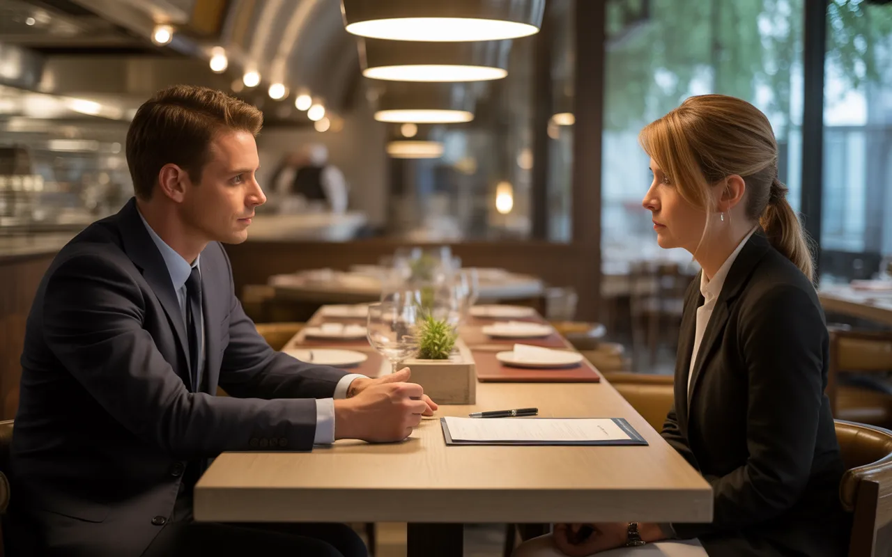 Rencontre de conseil juridique entre un avocat en costume et un gérant de restaurant en tenue de travail chic, attablés dans un restaurant moderne, discutant d’un contrat de travail posé bien en vue sur une table en bois clair, avec arrière-plan de salle et cuisine ouverte légèrement floutés.