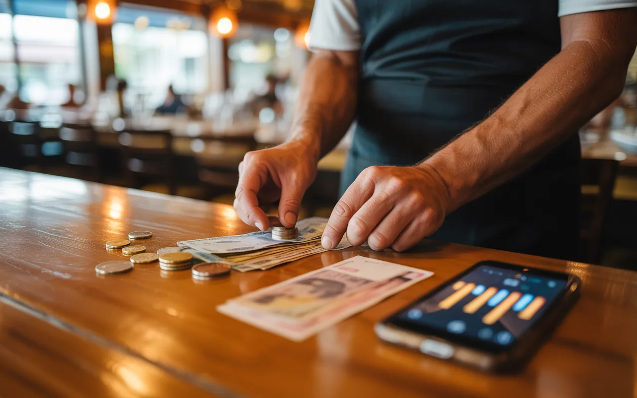 Plan de travail de restaurant moderne en bois, main de restaurateur triant billets et pièces près d’une calculatrice et d’un ticket flou, ambiance chaude et bokeh, illustration du cash flow restaurant.