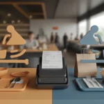 Illustration 3D premium 16:9 d’un comptoir de café moderne avec balance visuelle séparant consommation sur place (table, assiette, tasse, verre) et vente à emporter (sac kraft, boîte, gobelet), terminal de paiement et ticket vierge, évoquant la tva sur place et à emporter en cas mixtes 2026.