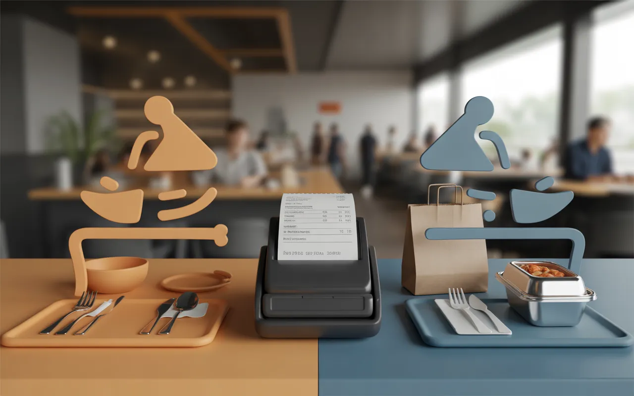 Illustration 3D premium 16:9 d’un comptoir de café moderne avec balance visuelle séparant consommation sur place (table, assiette, tasse, verre) et vente à emporter (sac kraft, boîte, gobelet), terminal de paiement et ticket vierge, évoquant la tva sur place et à emporter en cas mixtes 2026.