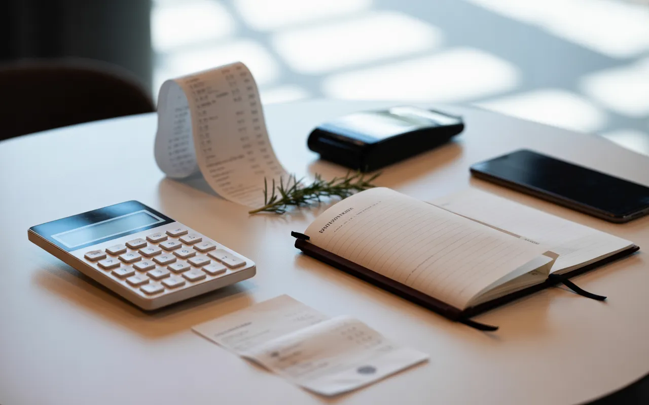 Flat lay réaliste et moderne des charges restaurant : calculatrice et carnet de gestion ouverts sur table en bois clair, reçus vierges, terminal de paiement écran noir, documents type facture sans texte, ampoule, toque de chef, ingrédients frais et minuteur sans chiffres.