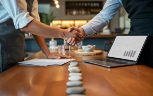 Restaurateur et expert comptable restauration discutant de documents sur table en bois dans un restaurant, ordinateur portable avec graphiques abstraits et sept jetons alignés symbolisant une transition en 7 étapes.