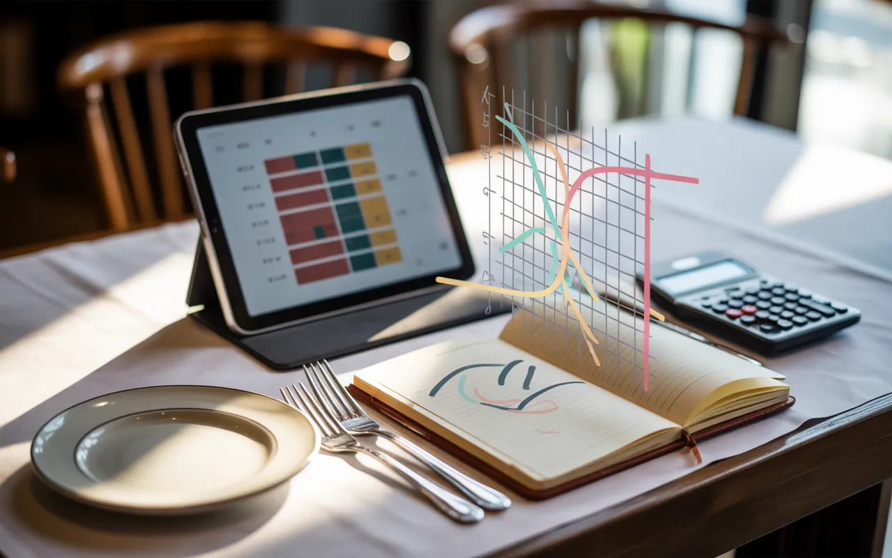Table de travail dans un restaurant moderne avec tablette affichant un tableur flouté, calculatrice, carnet de schémas sans écriture et graphique de seuil avec point d’intersection, ambiance chaleureuse — break even restaurant
