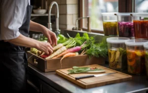 Cuisine moderne de restaurant, chef triant et valorisant des légumes moches, épluchures propres et restes réutilisables sur plan de travail, avec contenants réutilisables de préparations et assiette gastronomique floue en arrière-plan, illustrant la réduction du gaspillage alimentaire restaurant.