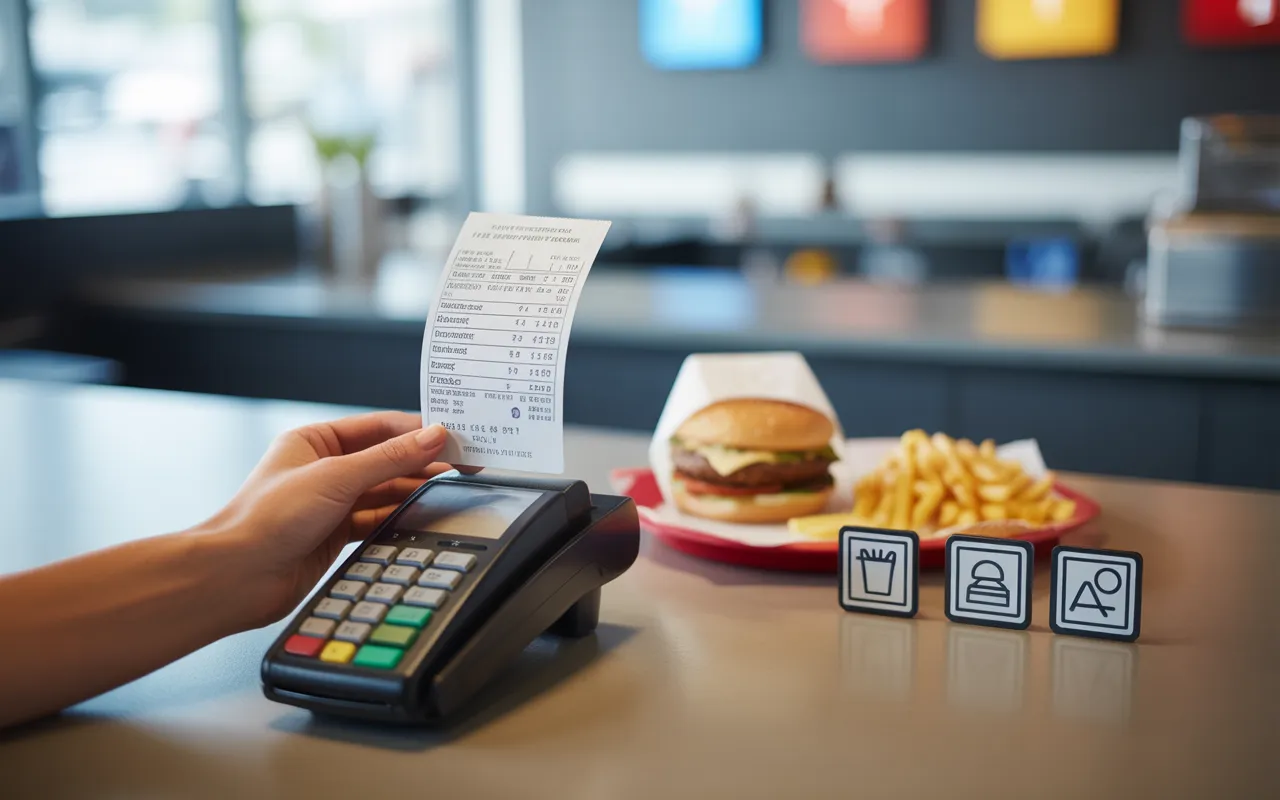 Main tenant un ticket de caisse flou au comptoir de fast-food en France avec terminal de paiement, écran abstrait et plateau burger-frites, illustration de la tva restauration rapide