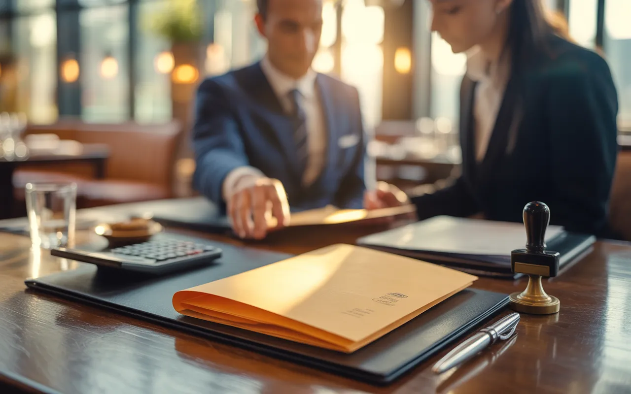 Vignette photo réaliste d’un redressement fiscal restaurant : dossier comptable ouvert, calculatrice, stylo, tampon administratif et ordinateur avec graphiques abstraits sur table en bois, serveur et conseiller flous en arrière-plan dans un restaurant contemporain français.