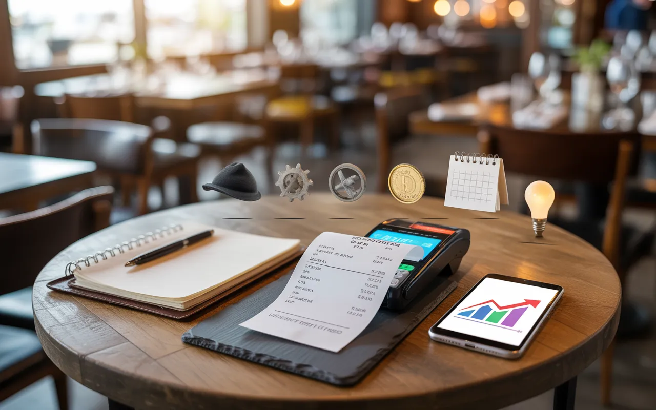 Vignette photoréaliste en restaurant moderne à l’heure creuse : ticket sans texte, ardoise, terminal de paiement, carnet et calculatrice sur table en bois, smartphone avec graphiques sans chiffres et cinq petits objets symboliques, illustrant le seuil de rentabilité restaurant.