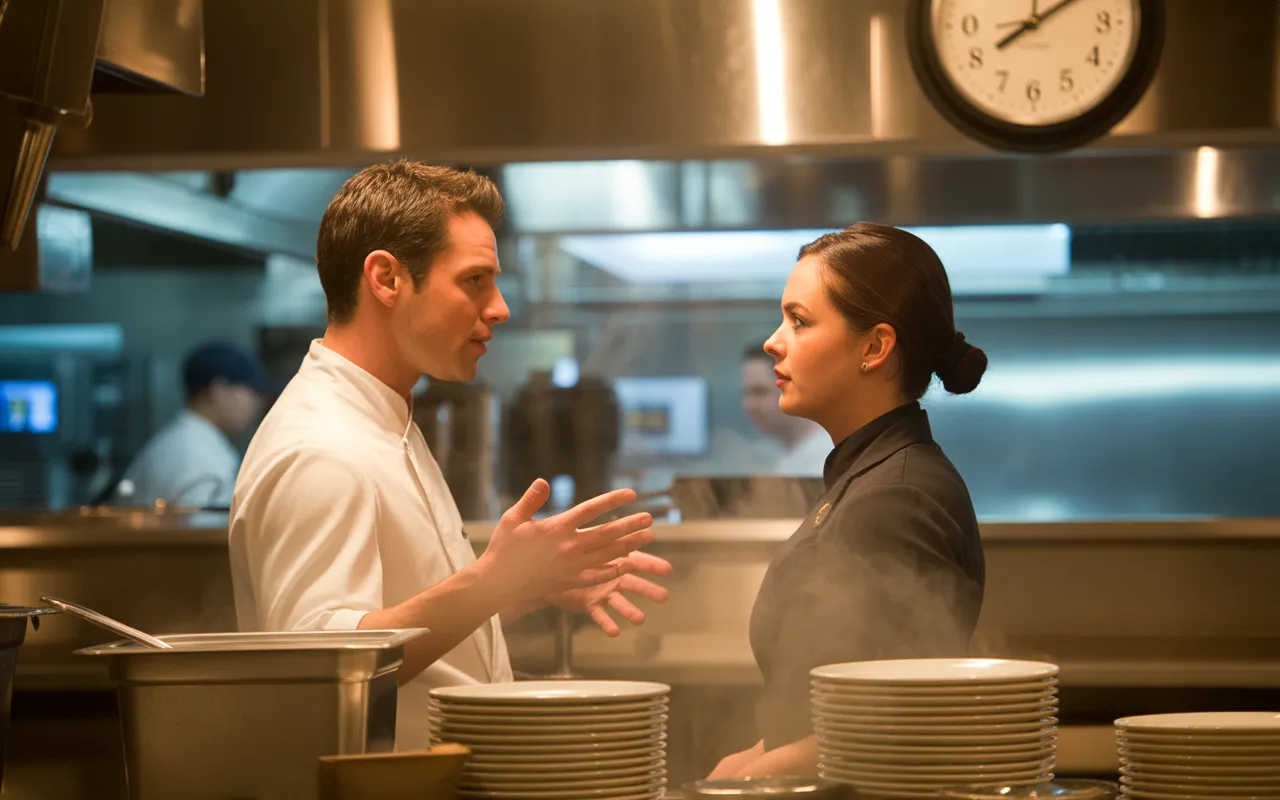 Serveuse et cuisinier en cuisine professionnelle coordonnant le service, planning flouté et horloge analogique sans chiffres, illustrant le temps de travail restauration en 2026.