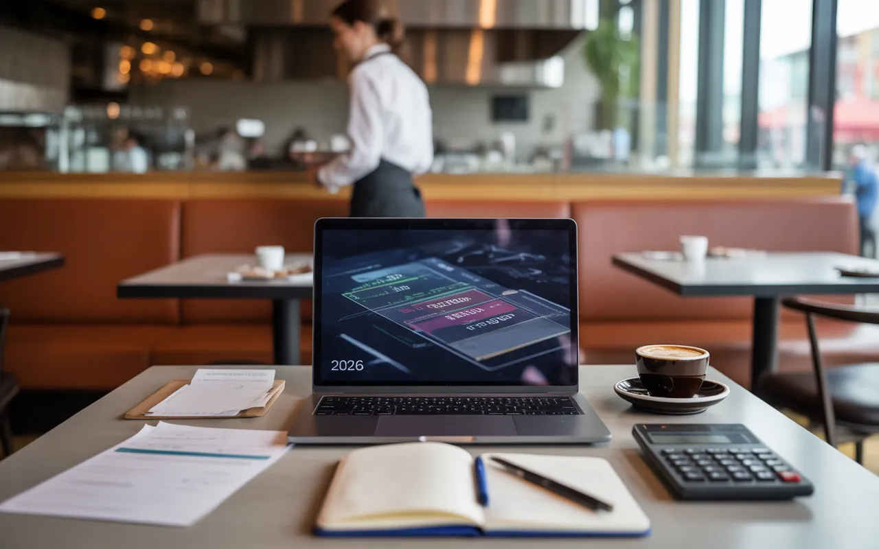 Table de restaurant moderne en lumière naturelle avec ordinateur portable affichant un tableau financier flouté, calculatrice, carnet, tickets illisibles et addition près d’un café, illustrant la lecture d’un compte de résultat restaurant en 2026.
