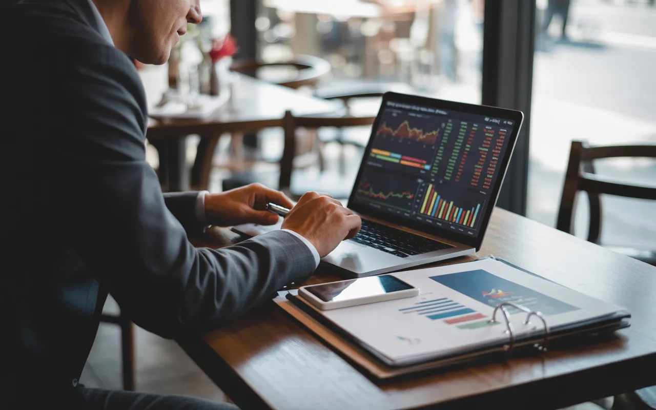 Bilan comptable restaurant : gérant analysant un tableur financier sur ordinateur portable avec dossiers et calculatrice, dans un restaurant moderne et chaleureux près d’une fenêtre, arrière-plan flou.