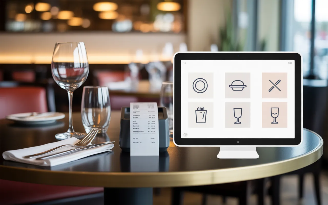 Vignette article taux de tva restaurant : table de restaurant vue en légère plongée avec assiette et couverts, terminal de paiement, ticket vierge et tablette affichant une grille colorée abstraite suggérant un tableau comparatif, ambiance brasserie floue en arrière-plan.