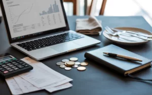 Vue légèrement en plongée d’un bureau élégant avec ordinateur portable affichant un tableau financier flouté, calculatrice, carnet, stylo, tickets de caisse et pièces, assiette blanche et couverts, ambiance premium à lumière naturelle pour illustrer un prévisionnel financier restaurant 2026.