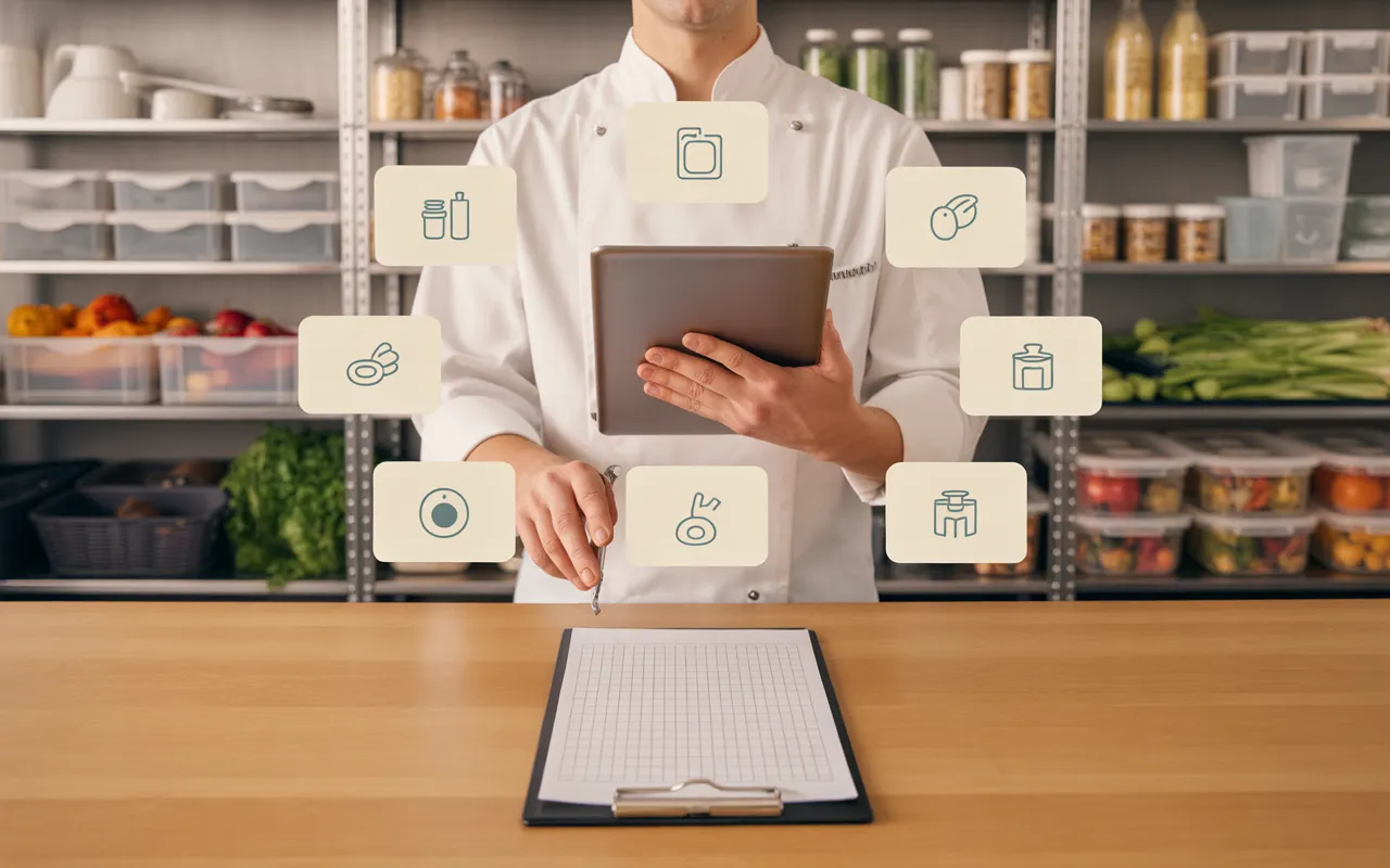 Chef en cuisine professionnelle utilisant une tablette avec pictogrammes d’inventaire et clipboard vierge, étagères de réserve et scan de produit, illustrant la gestion des stocks restaurant.