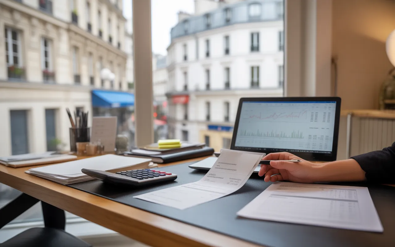 Vignette photoréaliste 16:9 d’un bureau moderne et lumineux de cabinet comptable paris 17 spécialisé restauration, avec vue discrète sur façades haussmanniennes, ordinateur portable aux graphiques floutés, calculatrice, tickets et factures, tampon validé illisible, tasse de café, couverts et petite assiette, mains de comptable manipulant des documents.