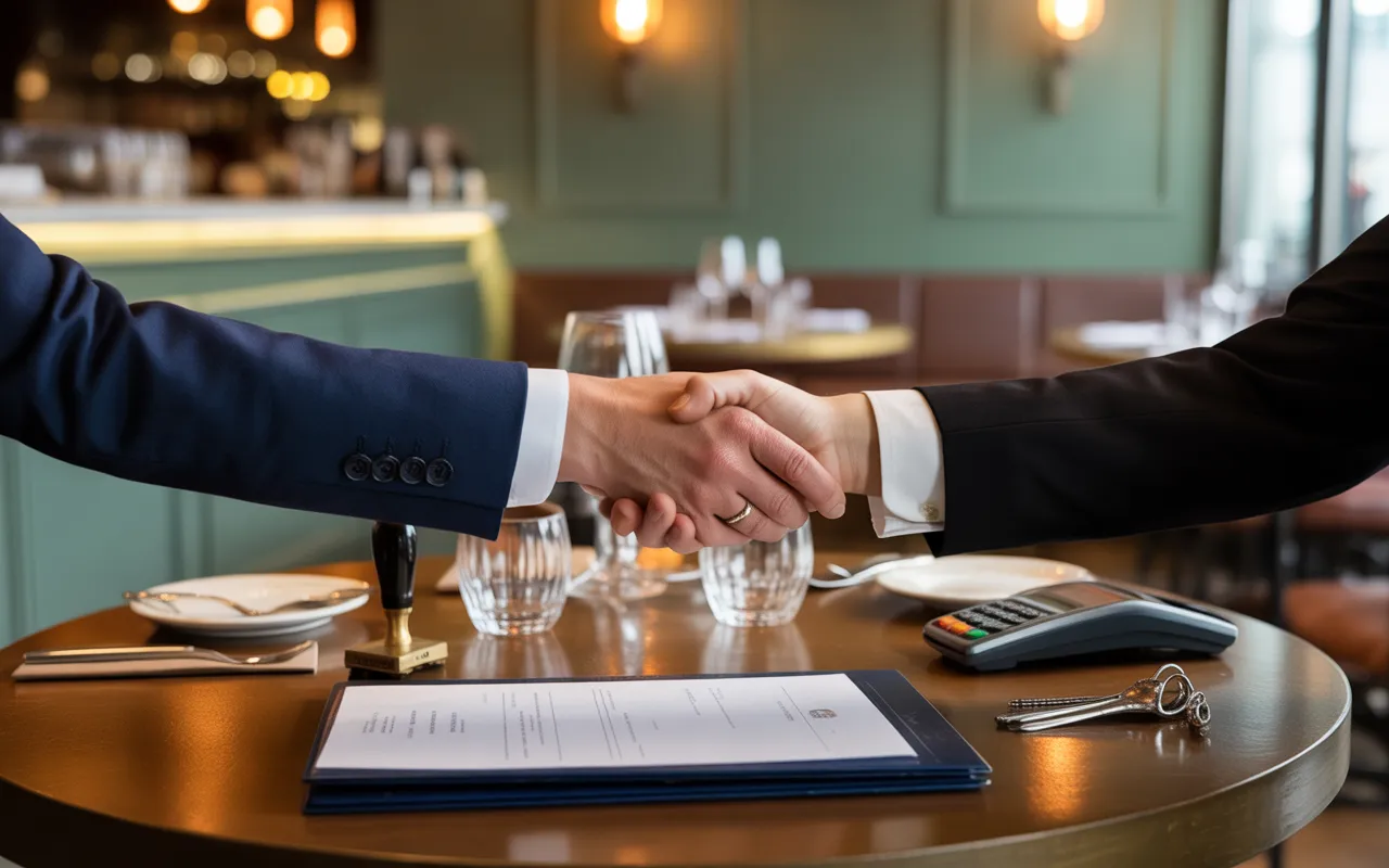 Reprise restaurant dans un restaurant français moderne et chaleureux : dossier de bail commercial ouvert, clés, calculatrice et terminal de paiement sur table en bois, poignée de main d’accord, arrière-plan bokeh sans texte lisible.