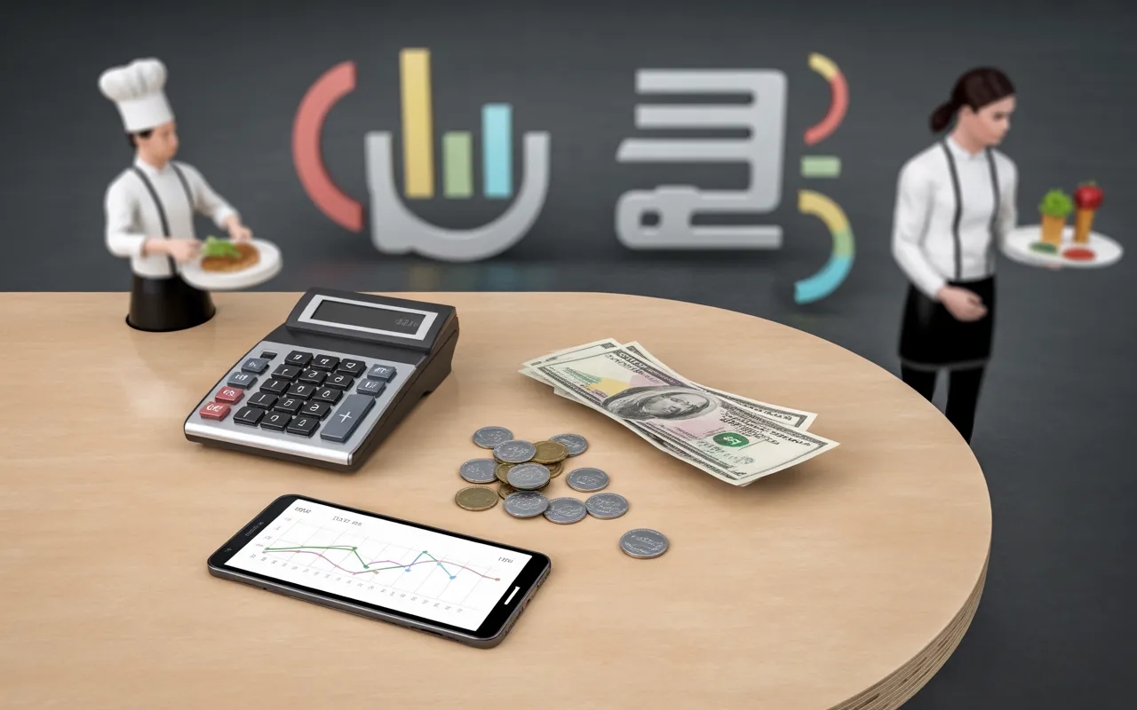 Illustration 3D semi-réaliste d’un comptoir de restaurant moderne en légère plongée avec calculatrice, ticket vierge, monnaie générique, smartphone à graphiques abstraits, chef et serveur en action et infographies sans texte, illustrant l’analyse de la **masse salariale restaurant**.