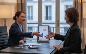 Expert comptable paris 17 en rendez-vous rapide avec un client dans un cabinet moderne haussmannien, présentation d’un devis sur tablette, ambiance premium et lumineuse.